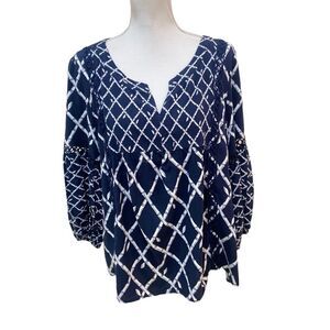 Crown & Ivy navy & white geometric print rayon balloon sleeve embroidery sz xxl